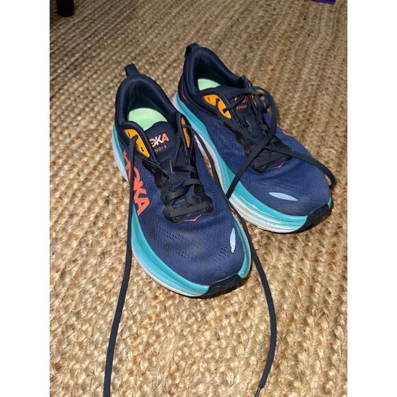 Hoka Bondi 8 running shoe in a blue and orange men’s size 9 - Picture 1 of 6